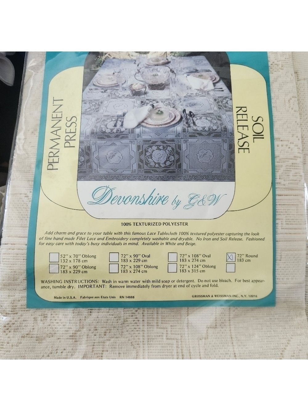 New in Package Vintage Devonshire Lace Cream tablecloth measuring (Round) 70" - Picture 5 of 5